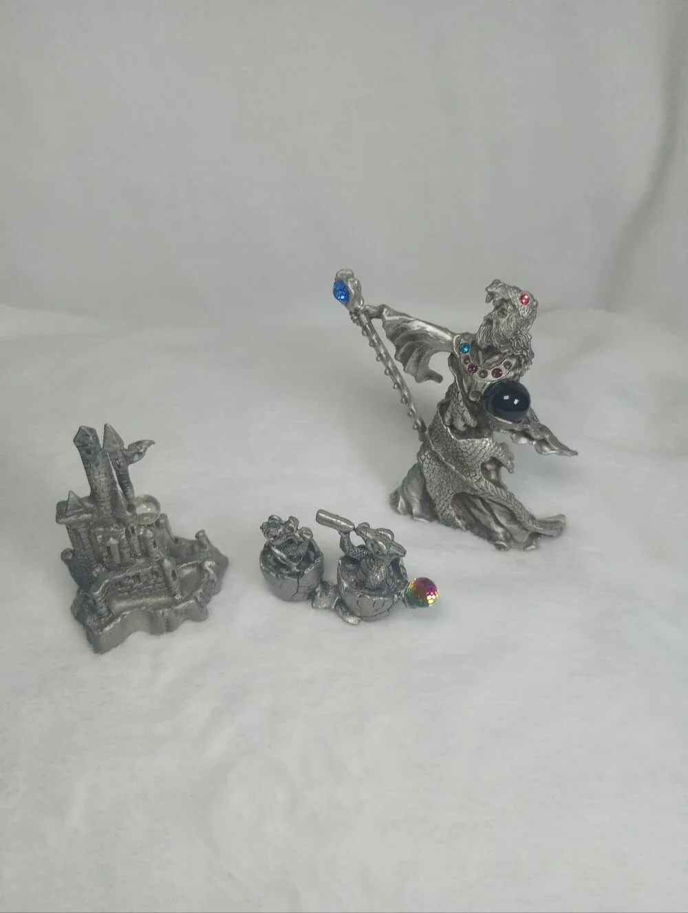 Pewter Wizard Figurines Orb Ball With Jewels Baby Dragon In Egg Castle With Orb